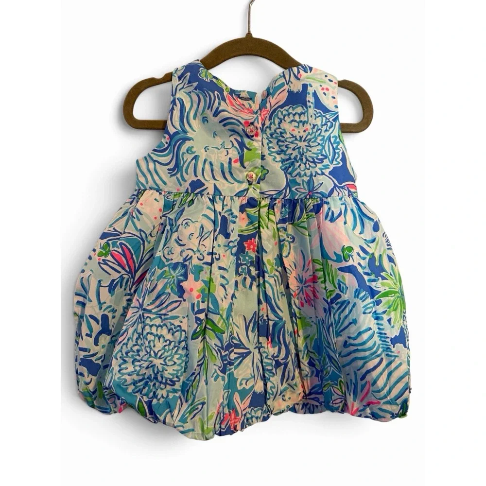 Lilly Pulitzer Baby Britta Bubble Dress Set 12-18M Blue Floral Rosette Bloomers